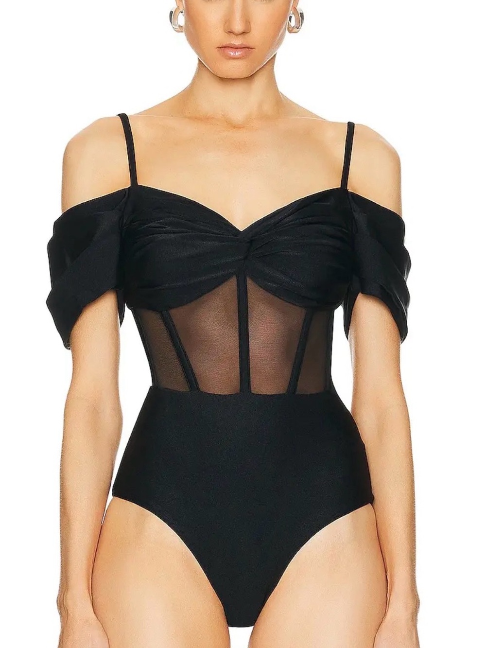 PatBO Black Off-Shoulder Mesh One-Piece Swimsuit
